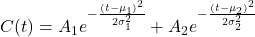 C(t) = A_1 e^{-\frac{(t - \mu_1)^2}{2\sigma_1^2}} + A_2 e^{-\frac{(t - \mu_2)^2}{2\sigma_2^2}}